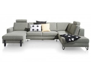 Salon moderne avec grand canapé d'angle convertible avec coffre de rangement en tissu gris clair