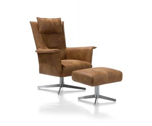Ensemble fauteuil + pouf cuir marron