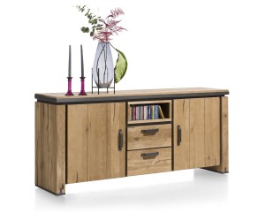 Buffet en bois, accents métalliques noirs