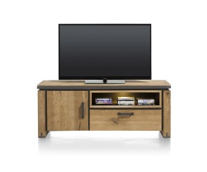 Meuble TV en bois avec accents métalliques noirs