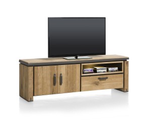 meuble TV en bois avec accents metalliques