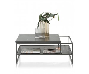 Table basse moderne plateau effet marbre noir et structure métallique