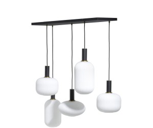 Suspension moderne 5 abat-jours blanc sur armature en métal noir