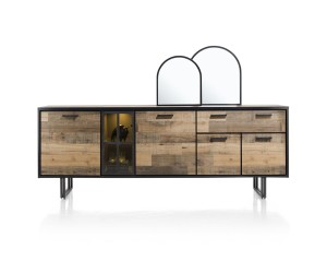 Buffet style industriel en bois et métal avec niches à éclairage LED