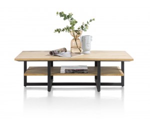 Table basse industrielle et moderne en bois de chêne et métal noir
