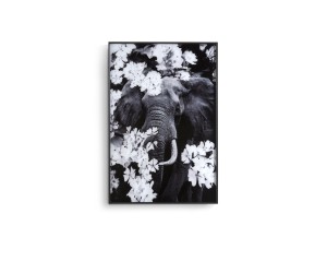 Tableau noir et blanc représentant un éléphant et des fleurs