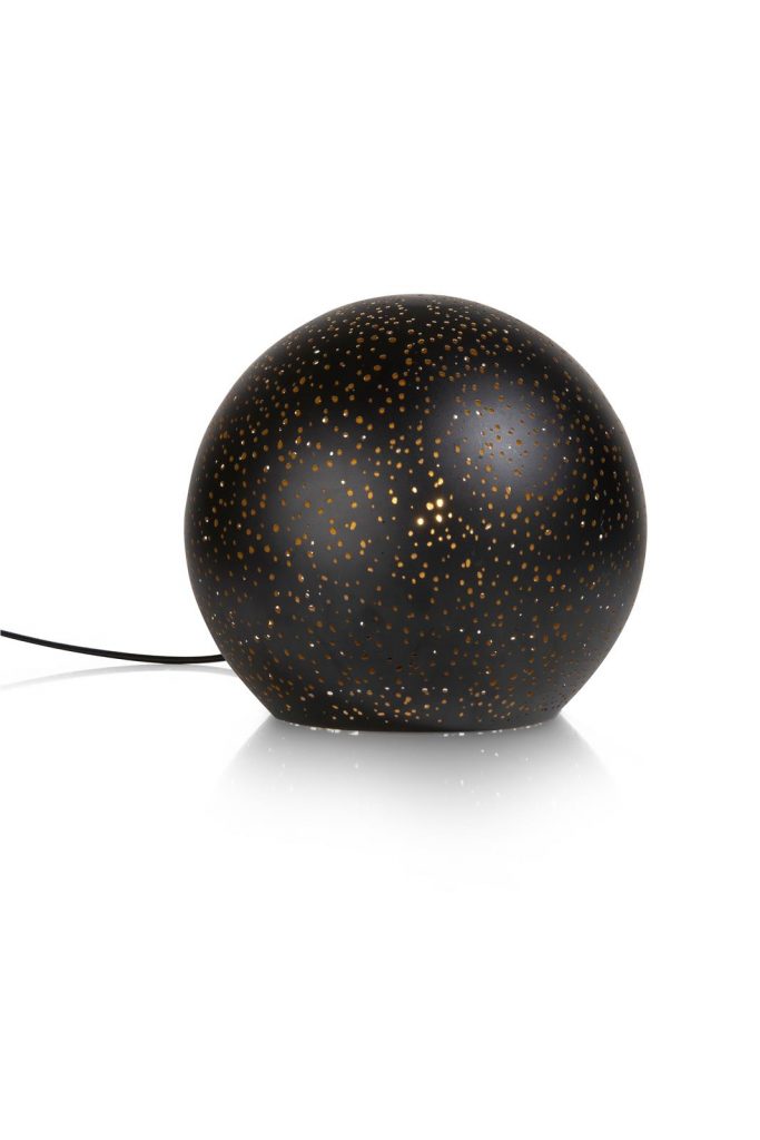 Lampe à poser en forme de boule noire perforée