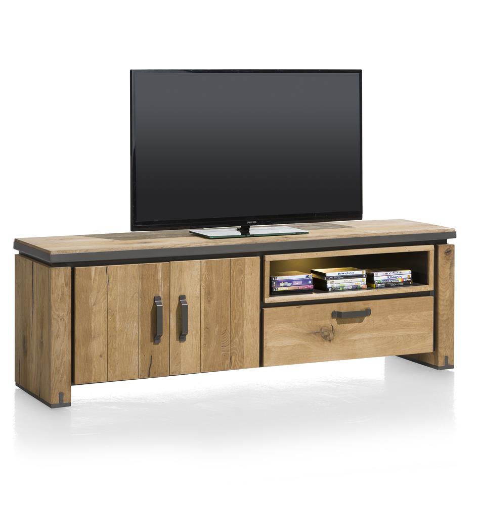 meuble TV en bois avec accents metalliques