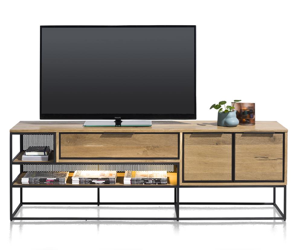 grand meuble TV style industriel bois de chêne plaqué et métal noir