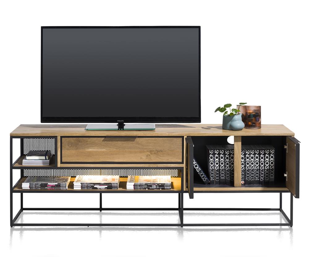 grand meuble TV style industriel bois de chêne plaqué et métal noir