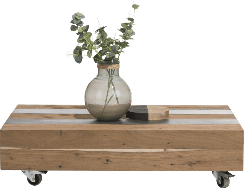 Table basse plateau bois épais sur roulettes