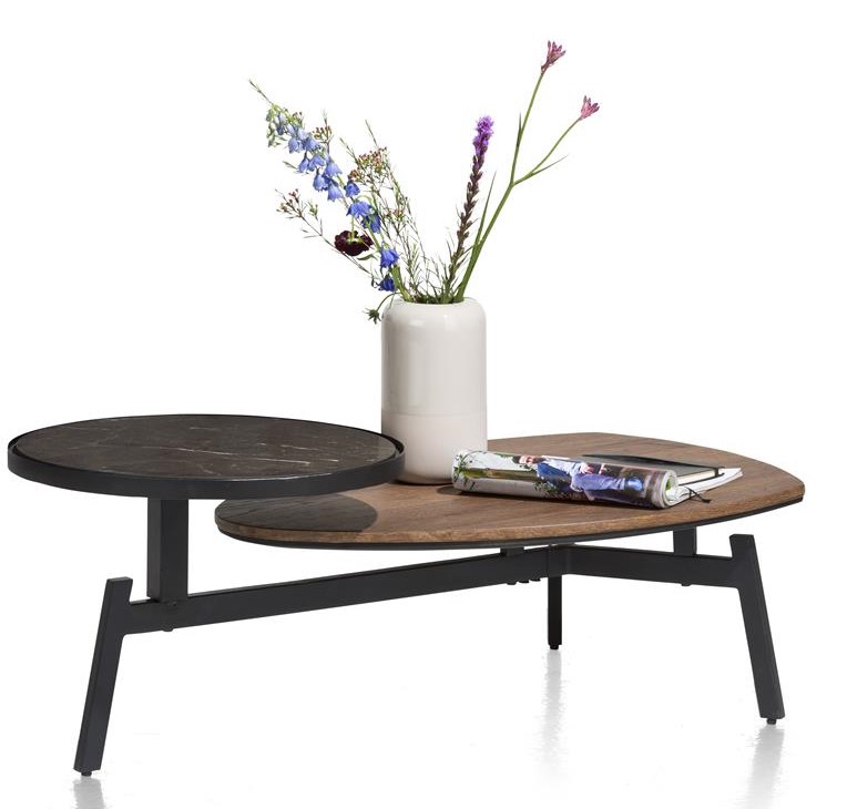 table basse scandinave bois foncé et métal noir