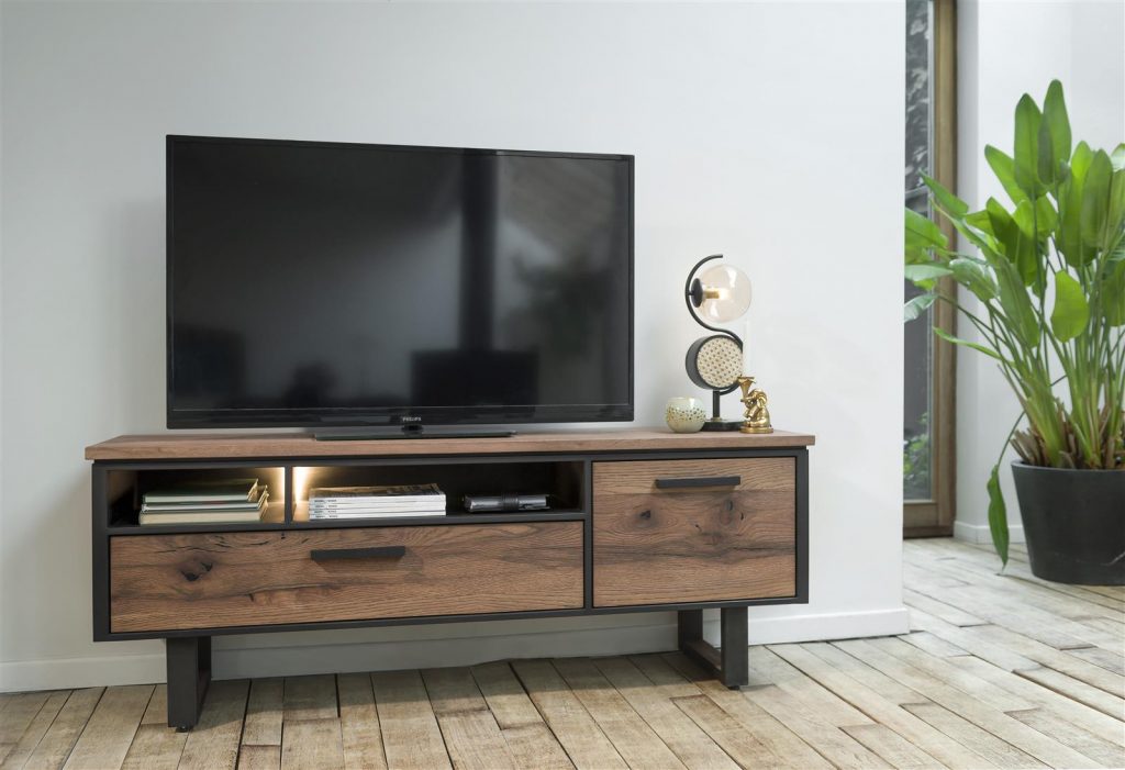 Meuble TV robuste métal noir et bois de chêne plaqué