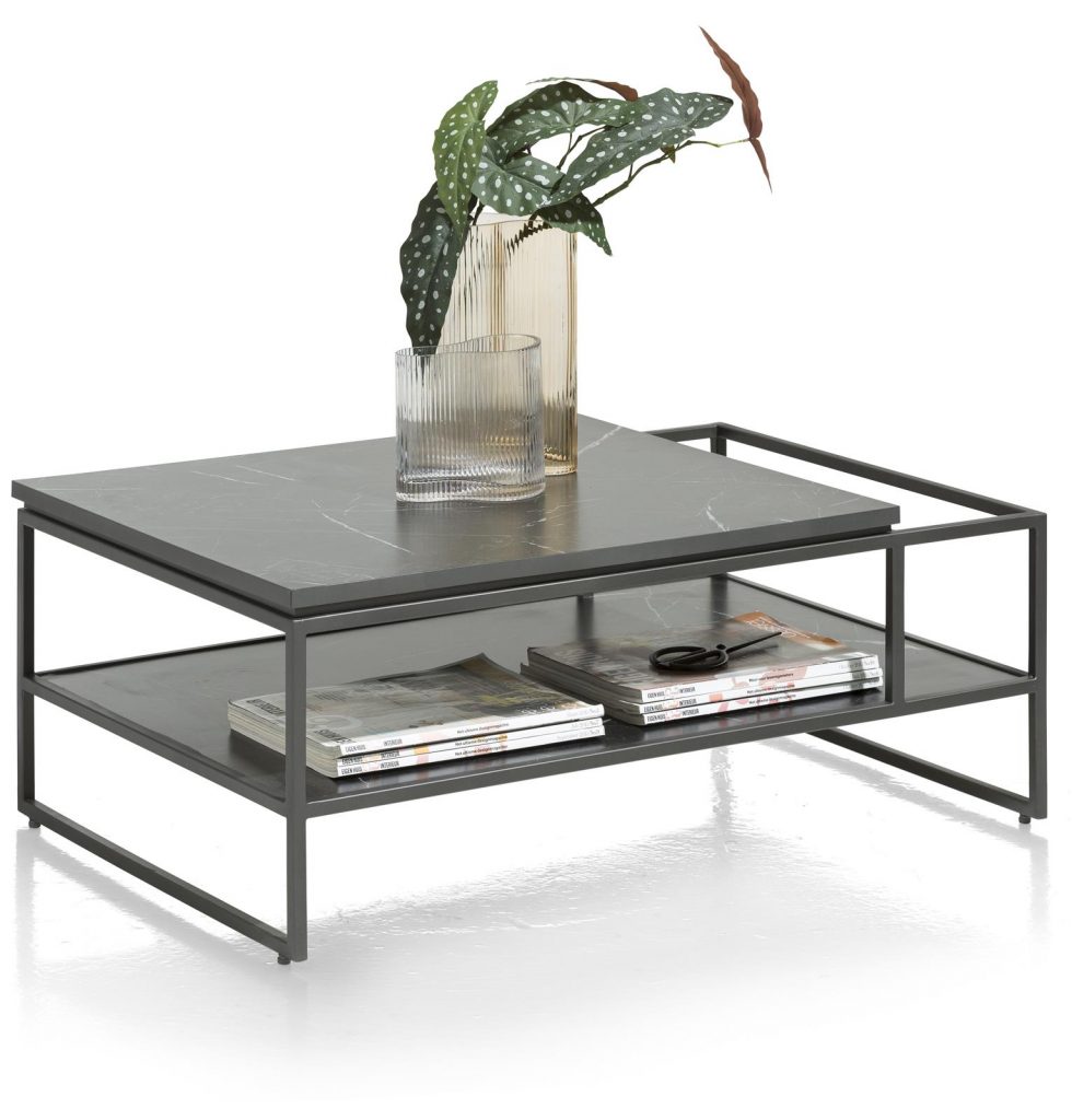 Table basse moderne plateau effet marbre noir et structure métallique