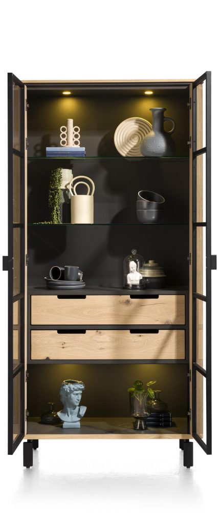 Vitrine moderne placage bois de chêne et métal noir