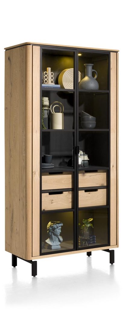 Vitrine moderne placage bois de chêne et métal noir