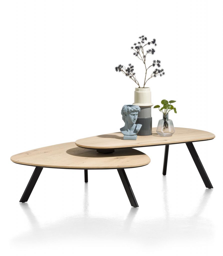 Table basse à deux plateaux forme galet en placage bois de chêne et pieds métal noir