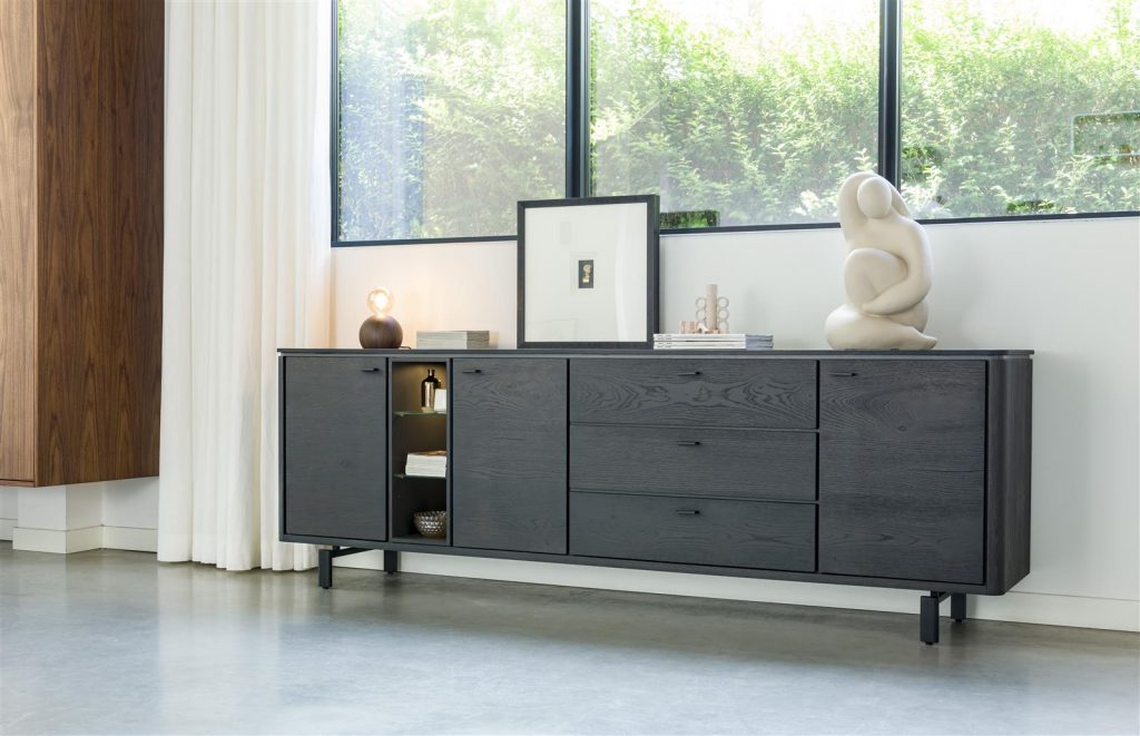 Grand buffet moderne noir placage bois de chêne éclairage LED