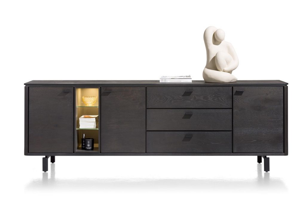 Grand buffet moderne noir placage bois de chêne éclairage LED