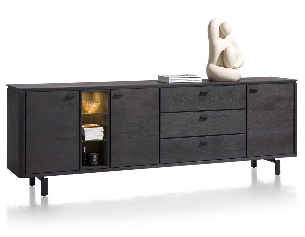 Grand buffet moderne noir placage bois de chêne éclairage LED