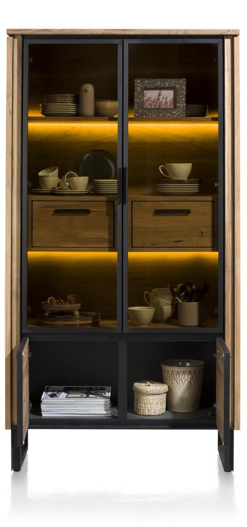 Vitrine en bois de kikar massif et verre fumée avec éclairage LED intégré