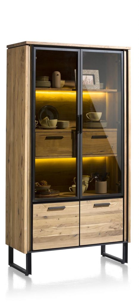 Vitrine en bois de kikar massif et verre fumée avec éclairage LED intégré