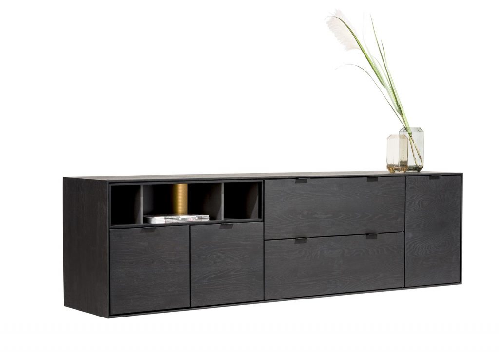 Buffet moderne à suspendre composé de bois de chêne teinte onyx