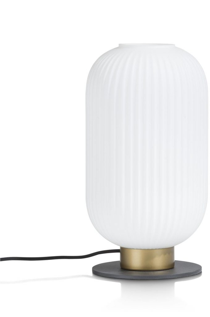 Lampe à poser forme circulaire blanc sur socle en métal doré et noir