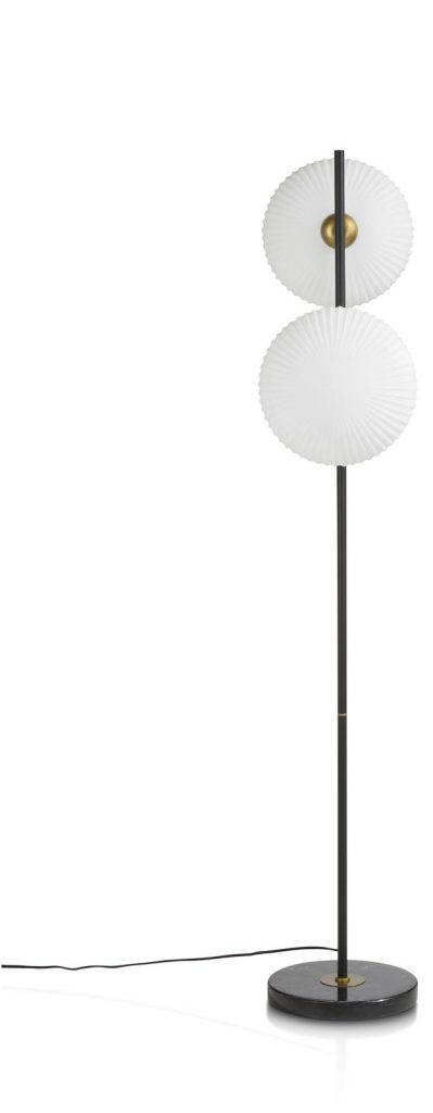 Lampadaire contemporain en métal noir et abat-jours circulaires blanc