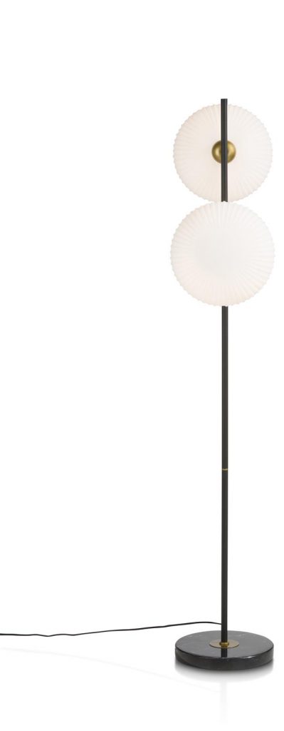 Lampadaire contemporain en métal noir et abat-jours circulaires blanc