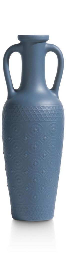 Vase haut et fin en céramique bleu style jarre antique