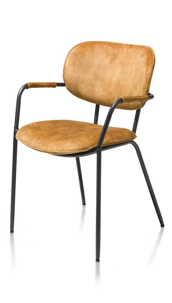 Chaise minimaliste et industrielle en velours jaune ocre