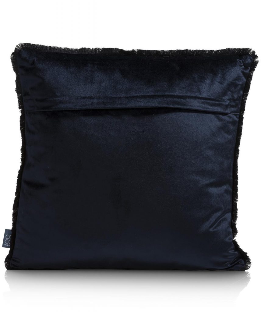 Coussin uni à franges en velours bleu nuit