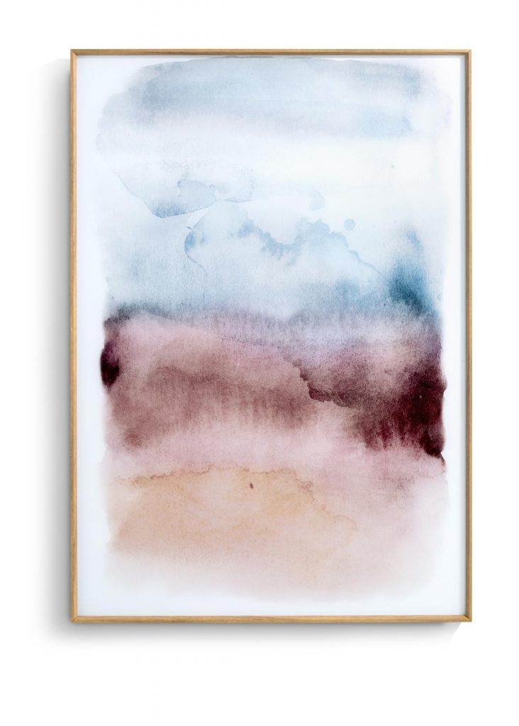 Tableau rectangulaire représentant une aquarelle sur verre dans un cadre en bois de chêne