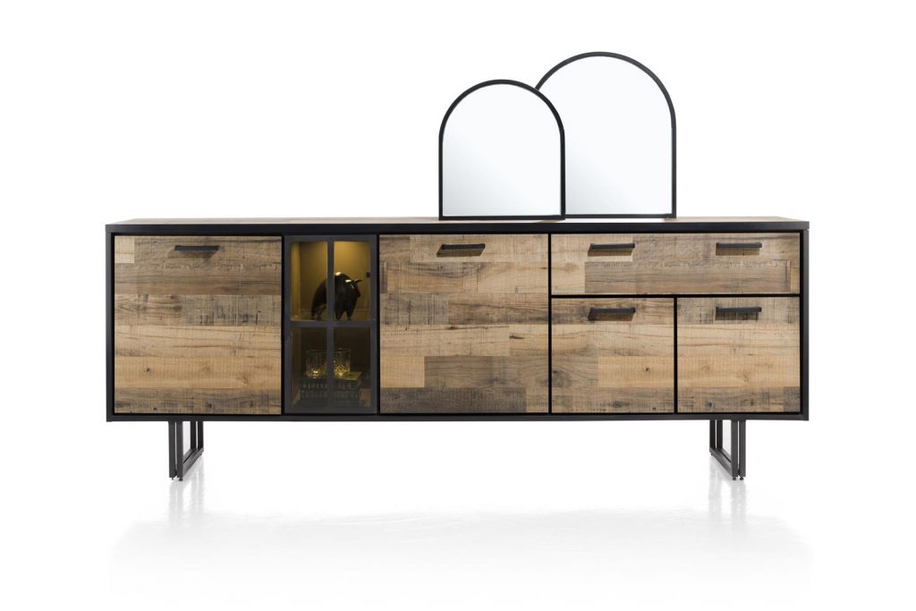 Buffet style industriel en bois et métal avec niches à éclairage LED