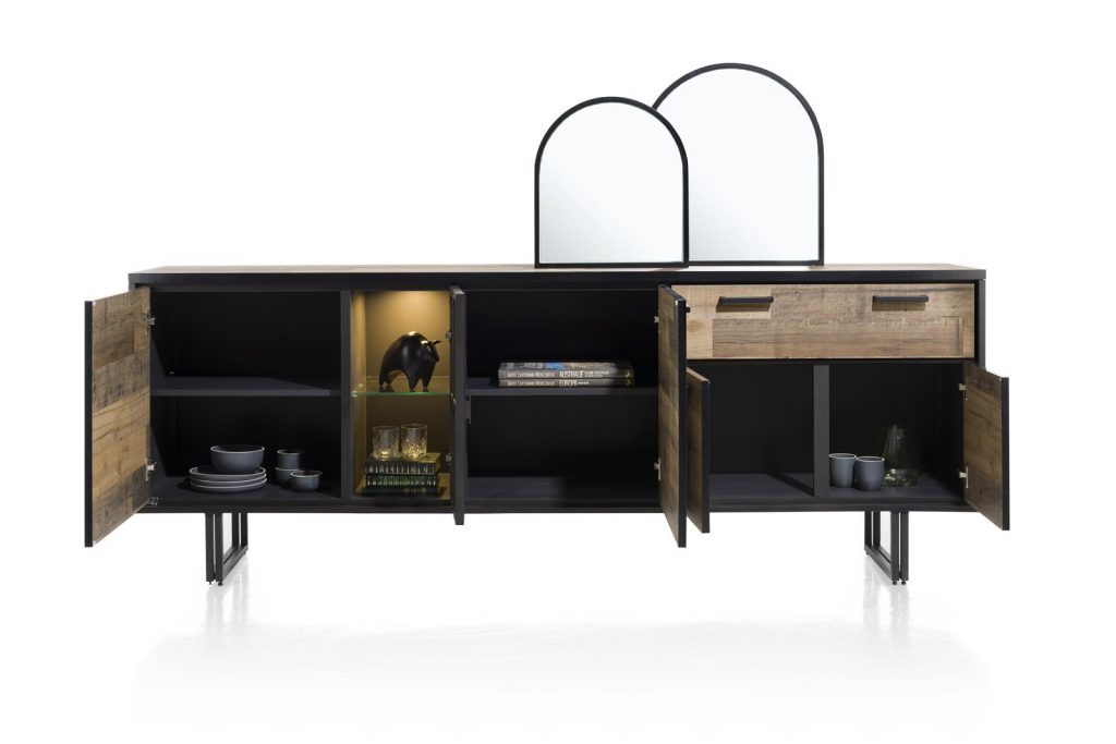 Buffet style industriel en bois et métal avec niches à éclairage LED