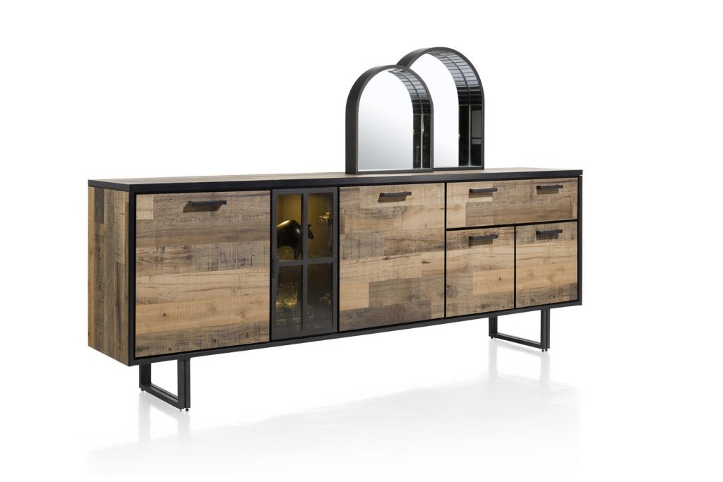 Buffet style industriel en bois et métal avec niches à éclairage LED