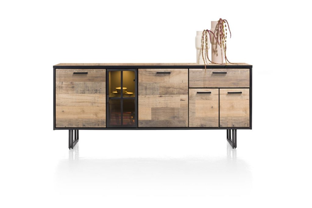 Buffet style industriel en bois et métal avec niches à éclairage LED