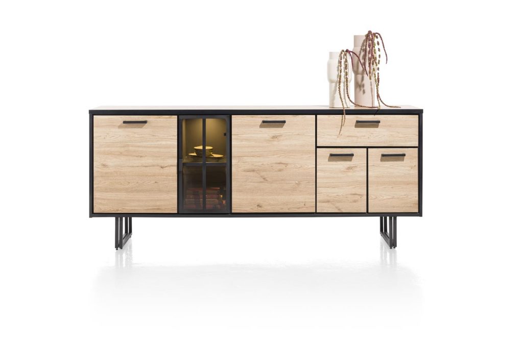 Buffet style industriel en bois et métal avec niches à éclairage LED