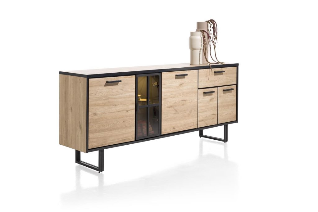 Buffet style industriel en bois et métal avec niches à éclairage LED