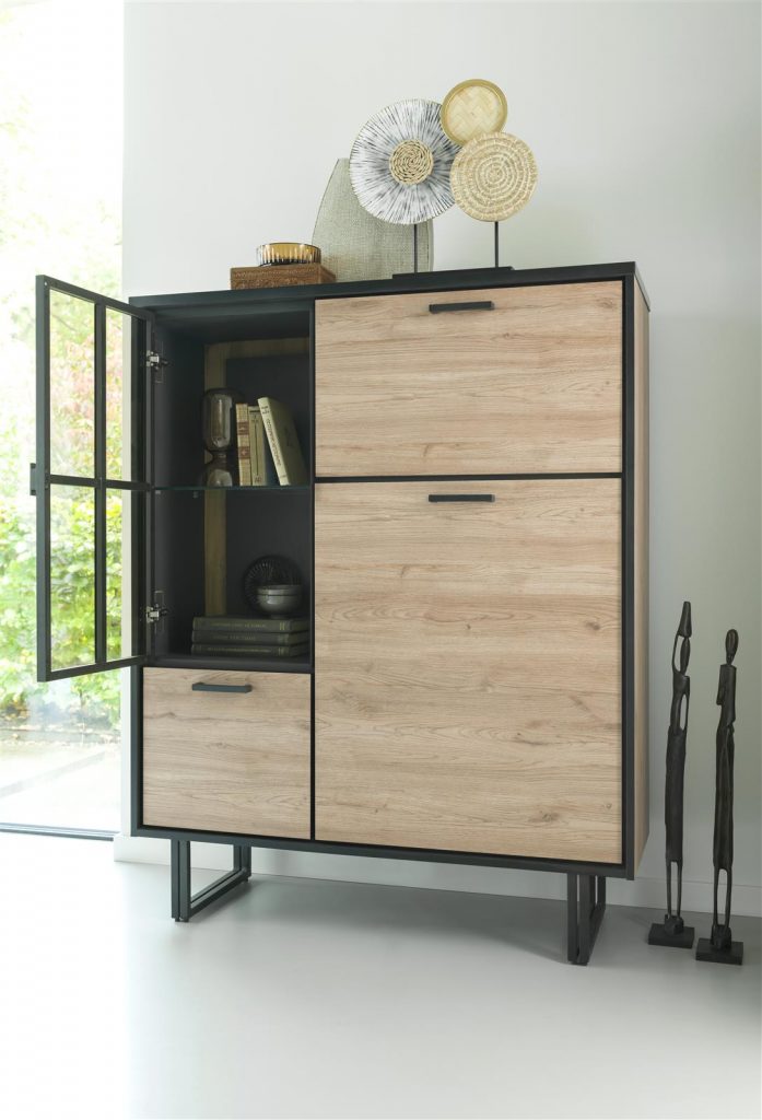 Buffet haut style industriel en bois et métal noir