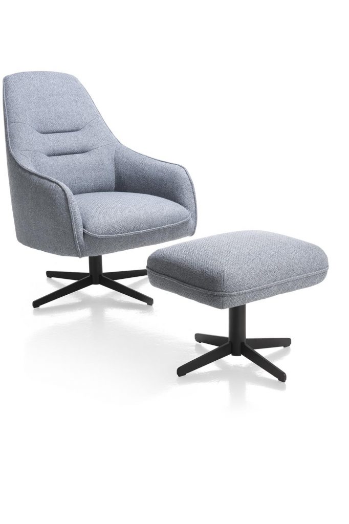 Fauteuil contemporain confortable et pivotant en tissu gris avec pouf