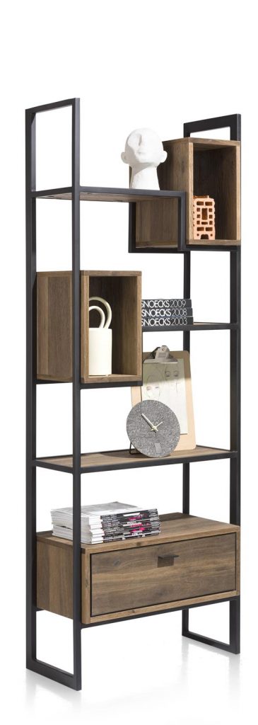 Bibliothèque minimaliste en métal et bois de chêne foncé