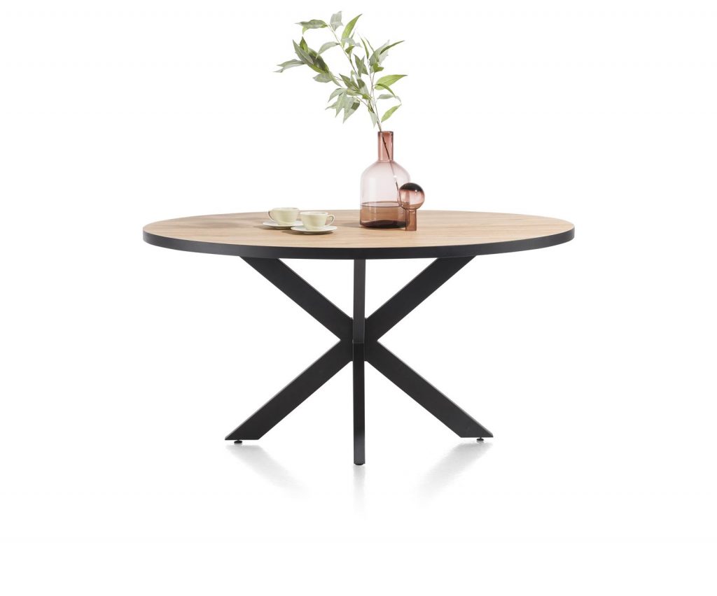 Table à manger ronde plateau en bois naturel et piétement métal anthracite