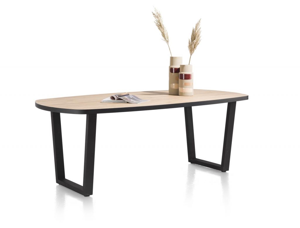 Table à manger ovale plateau bois brut et piétement métal couleur anthracite