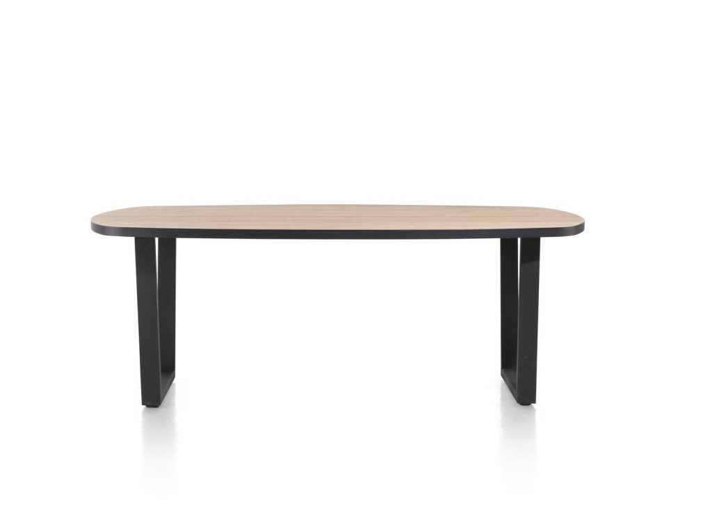 Table à manger ovale plateau bois brut et piétement métal couleur anthracite