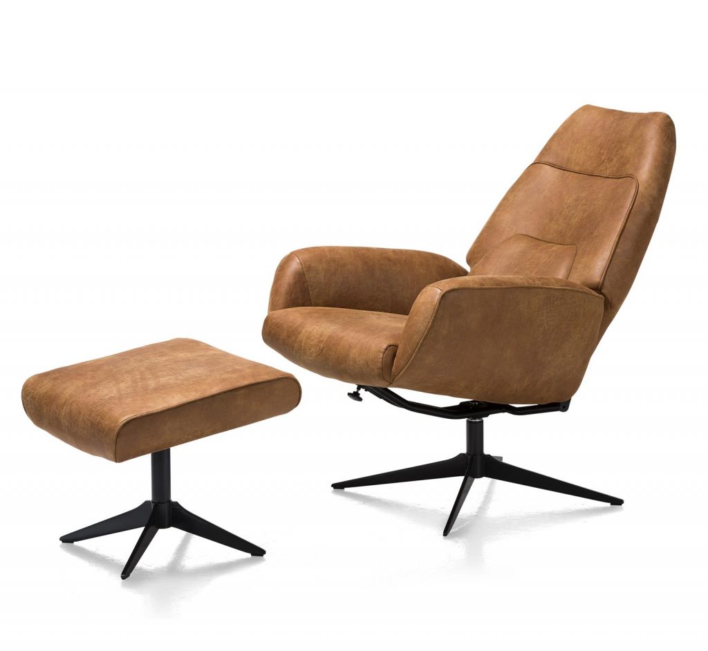 Fauteuil de relaxation moderne avec pouf en cuir marron