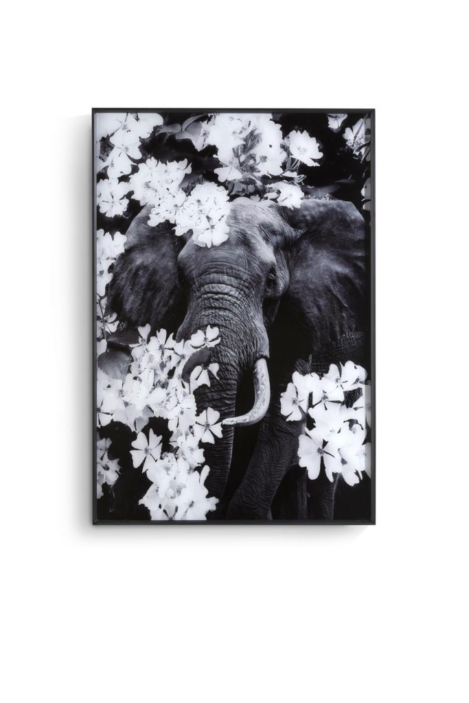 Tableau noir et blanc représentant un éléphant et des fleurs