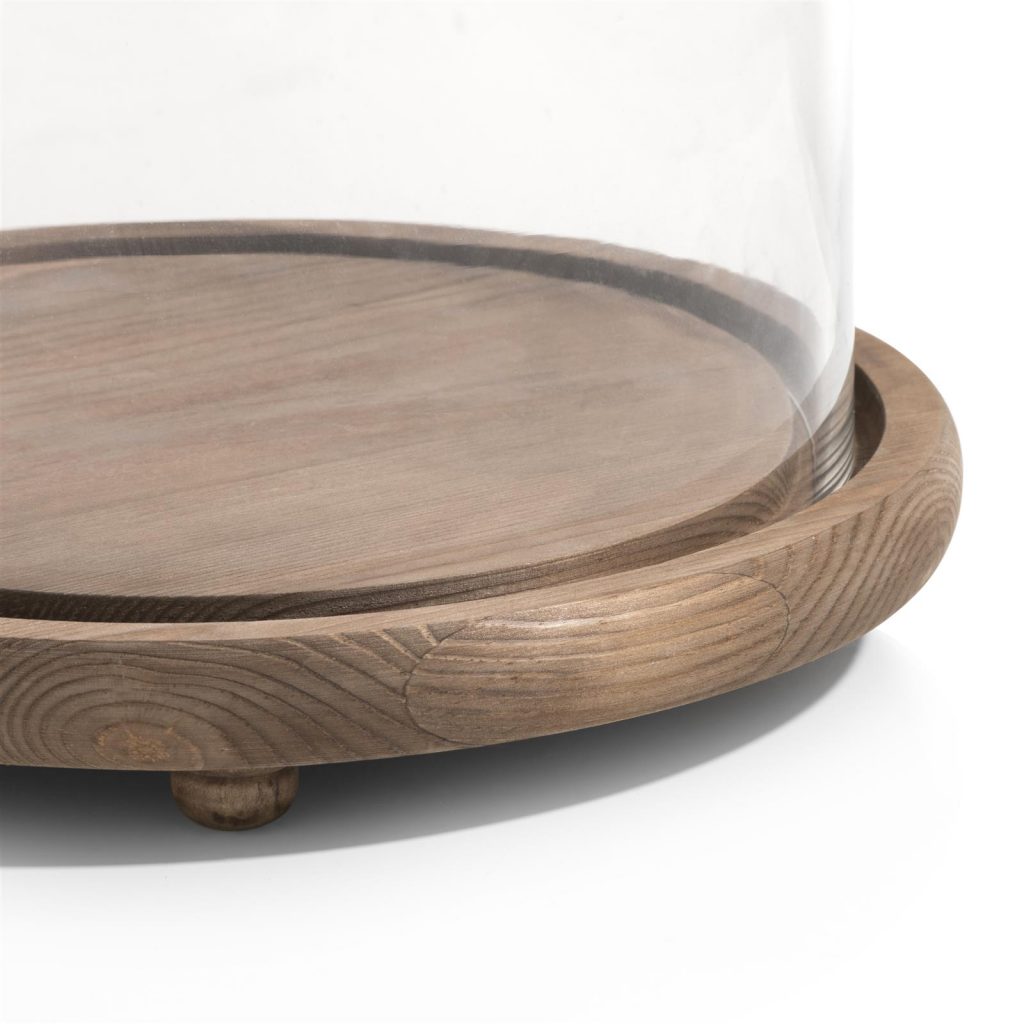 Objet décoration grande cloche en verre avec socle en bois