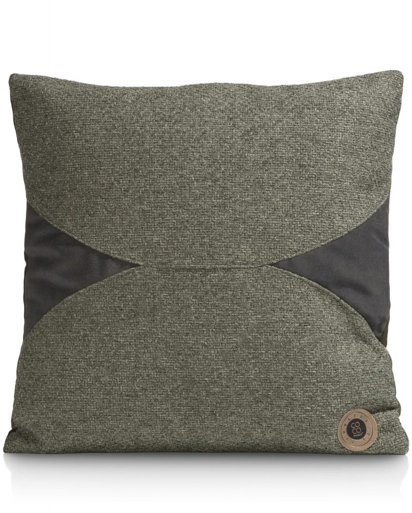 Coussin moderne bi-matière en tissu vert olive